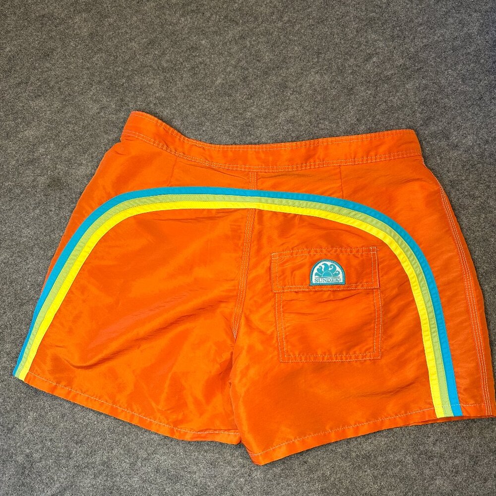 Sundek Men’s Swim Shorts – Orange Rainbow Stripe Size 34 (Good Condition)